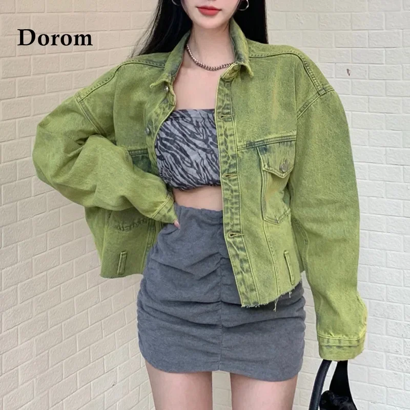 Fashion Green Denim Jacket Harajuku Long Sleeve Vintage Casual Jacket Female Tops Spring Autumn Street Loose Hip Hop Jeans Coat