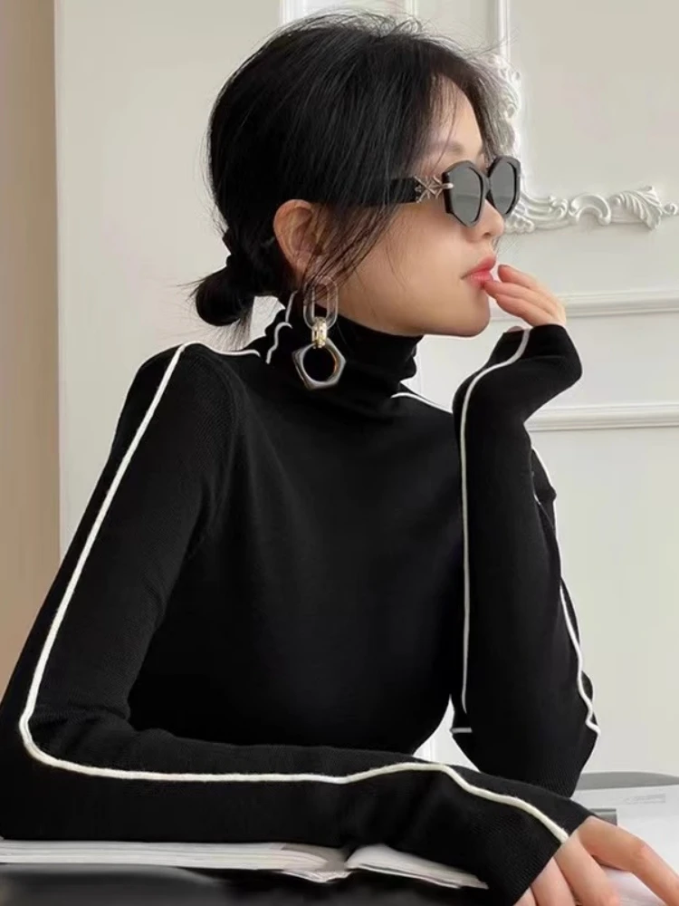 Korean Style High Collar Long Sleeve Knitted Sweater Women's Fashion Inner Wear Base Shirt Top Peixu Commute Style Pure Color