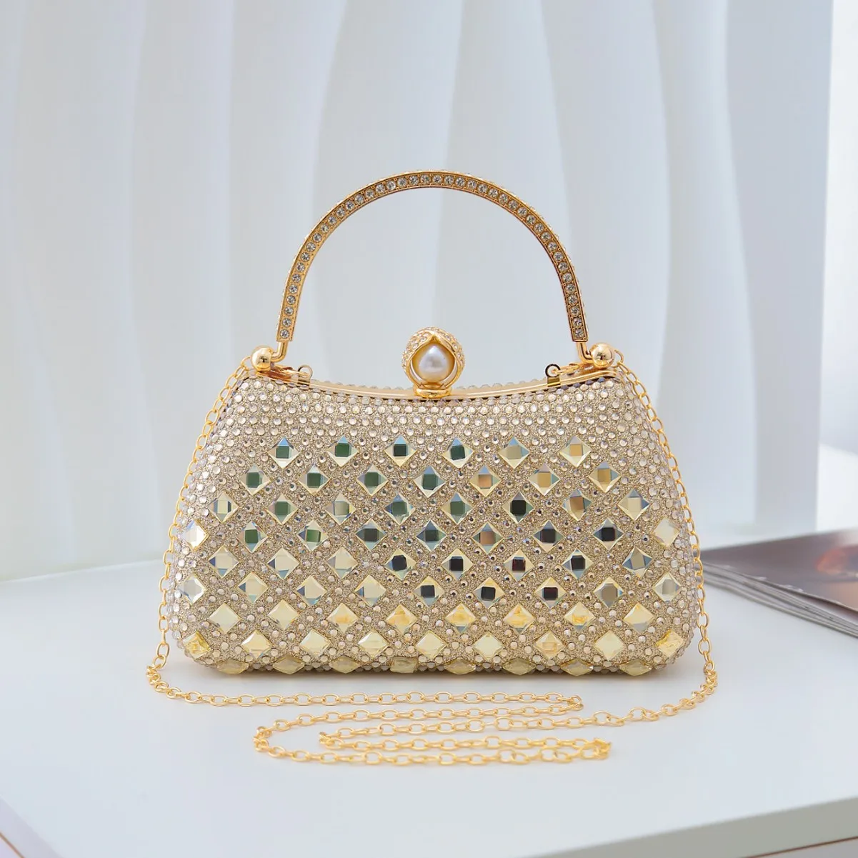 Gold shiny luxury rhinestone decoration dinner bag women's fashion temperament elegant high-end handbag
