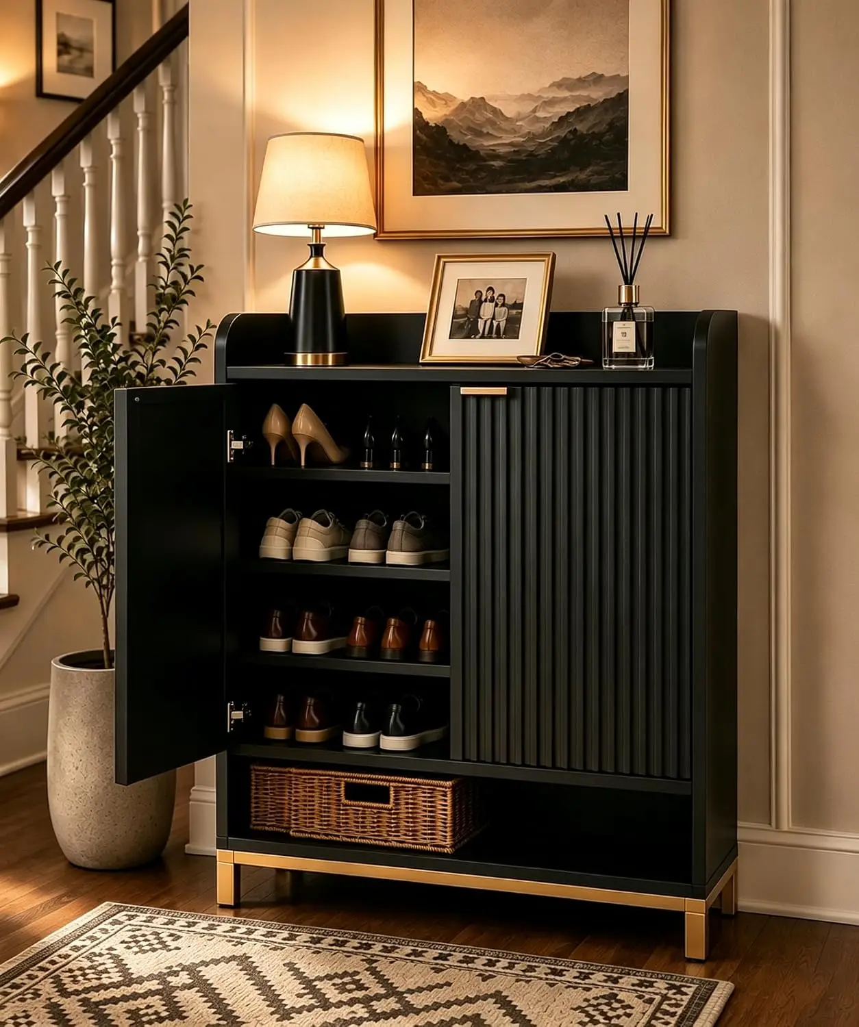 Modern Fluted Shoe Storage With Gold Legs Adjustable Shelves Anti-Drop Rail Closed Open Cabinet Entryway Hallway, Customized