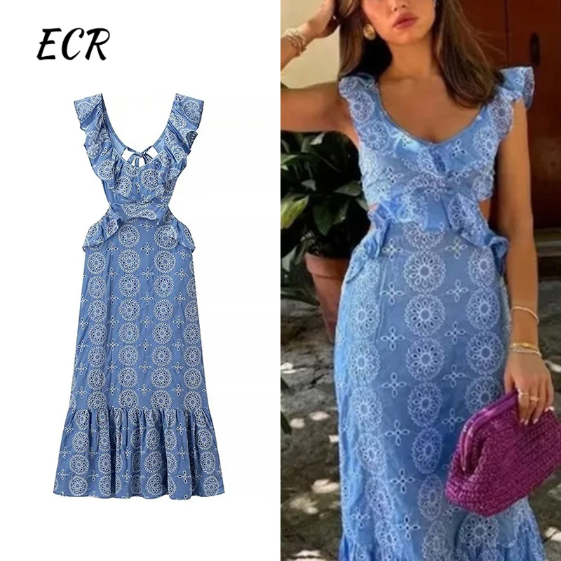 

ECR Printing Hollow Out Dresses For Women Round Collar Sleeveless Backless High Waist Embroidery Sexy Camisole Long Dress Female