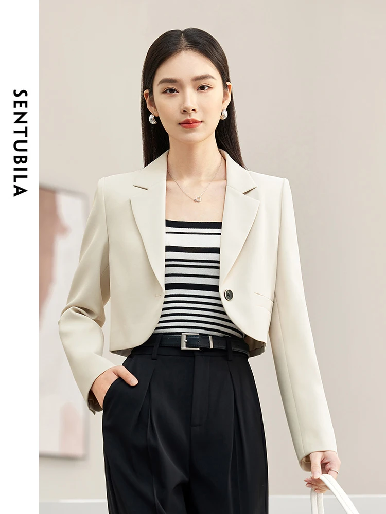 SENTUBILA Cropped Oatmeal Blazer Woman Straight Classic Notched Suit Jacket 2024 Spring Casual Long Sleeve Solid Coat 141X53034