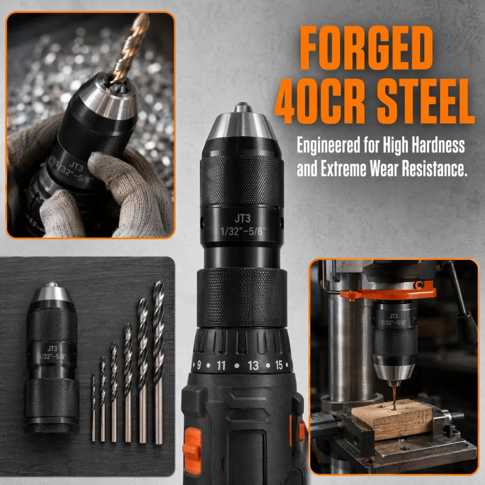 JT3 Mount Self-Tightening Drill Chuck 1/32-5/8 Inch Capacity Taper Hole Connection Drill Press Chuck Precise Design