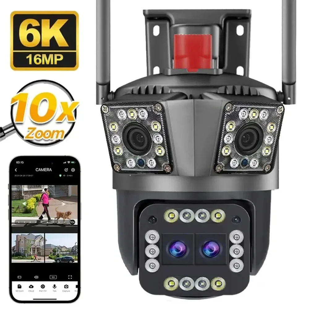 16MP 8K WiFi Camera Outdoor 12X Zoom Four Lens Three Screen Auto Tracking Security Protection 8MP CCTV Video Surveillance Camera