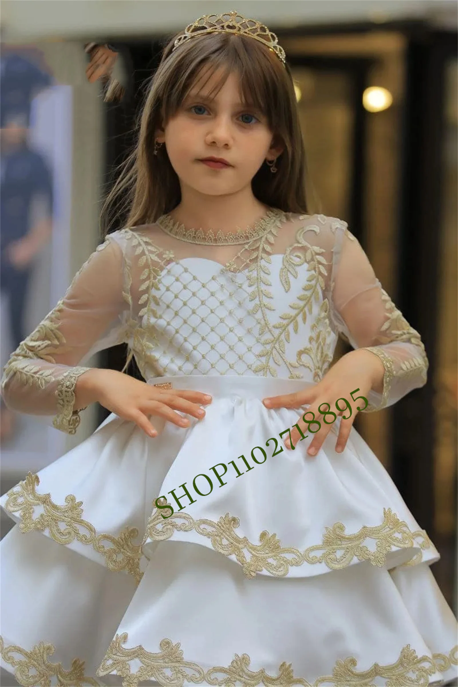 Gold Thread Baby Dress Birthday Communio Style Flower Girl Ball Gown Sparkling Applique Corest Princess Toddler