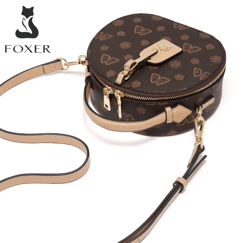 FOXER Sign PU Leather Women\'s Circular Messenger Bag Fashion Female Monogram Shoulder Crossbody Bag Girl PVC Round Small Handbag