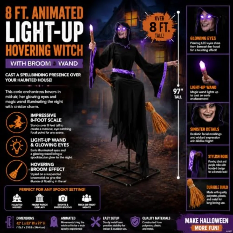 Halloween decoration: 8 Ft. animated light-up hovering witch with broom wand, PVC material, black and purple, motion-activated
