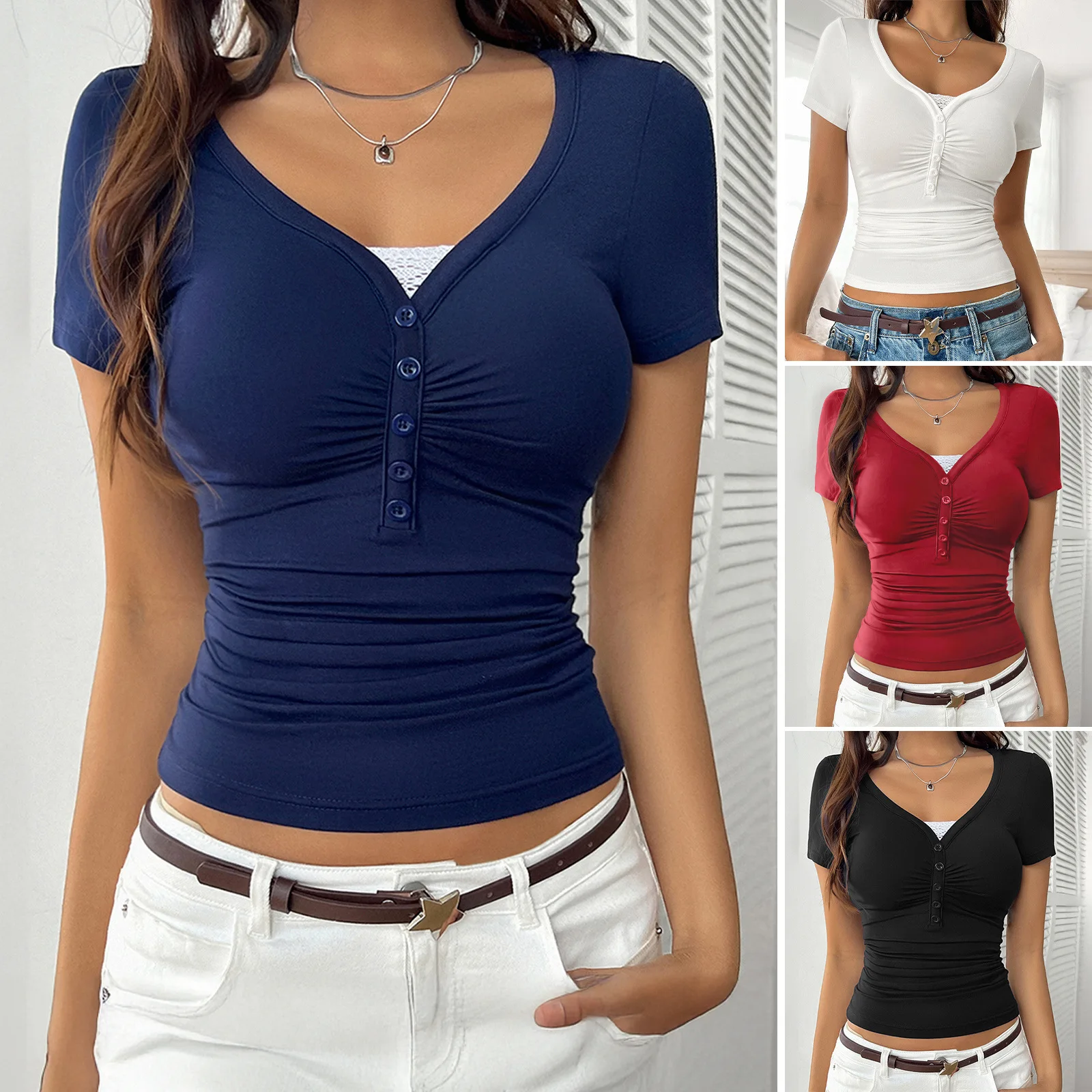 2026 Spring Summer Women's Y2k Sweet Spicy Top, Solid Color Slim Fit Lace Patchwork V-neck Short Sleeve Blouse, European & Ameri