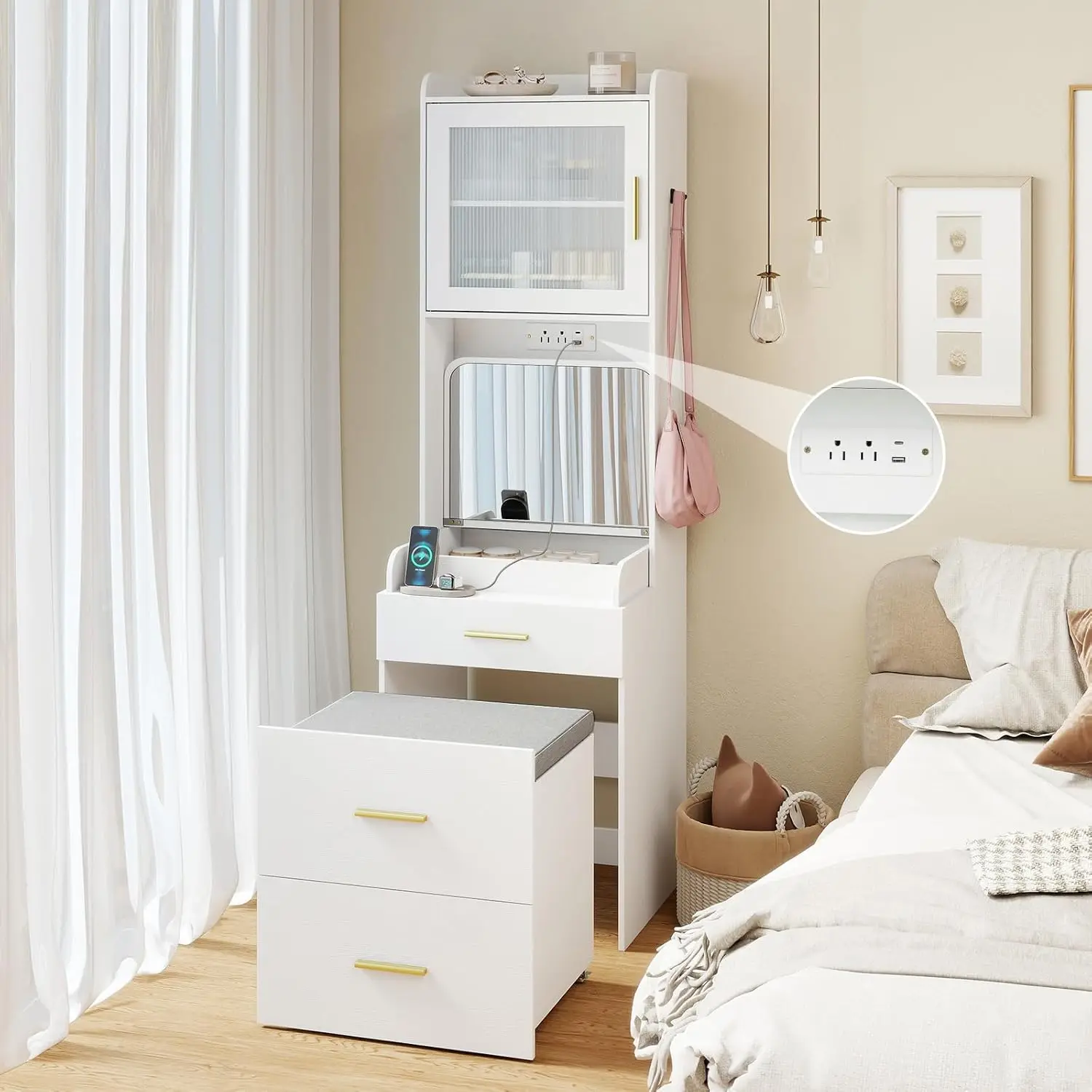 Compact Small Vanity Desk with Mirror for Bedroom White, Customized