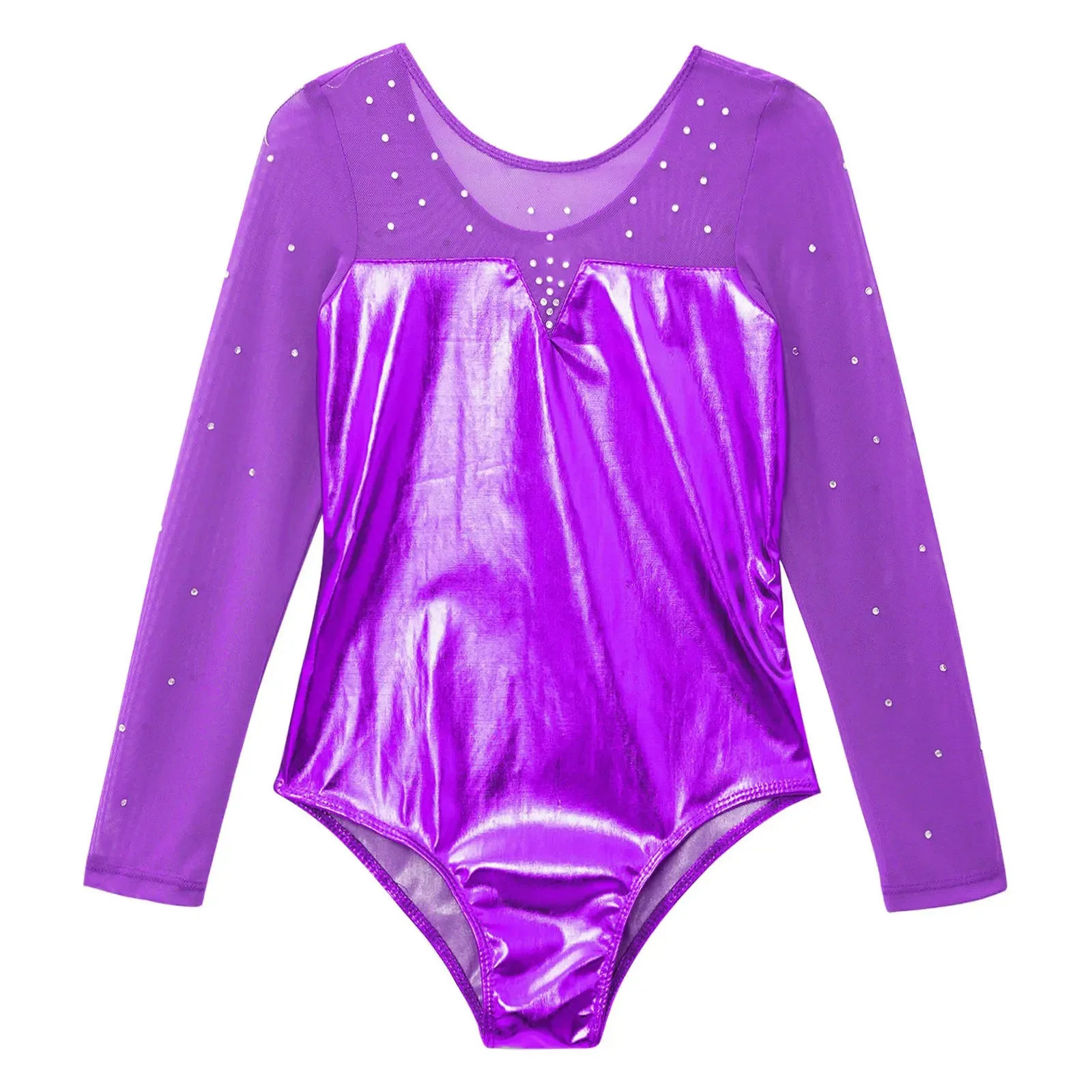 Girls Metallic Ballet Jersey Tulle Costume Sheer Sparkly Rhinestones Adorned Kids Rhythmic Gymnastics Leotards Ballet Dance Wear