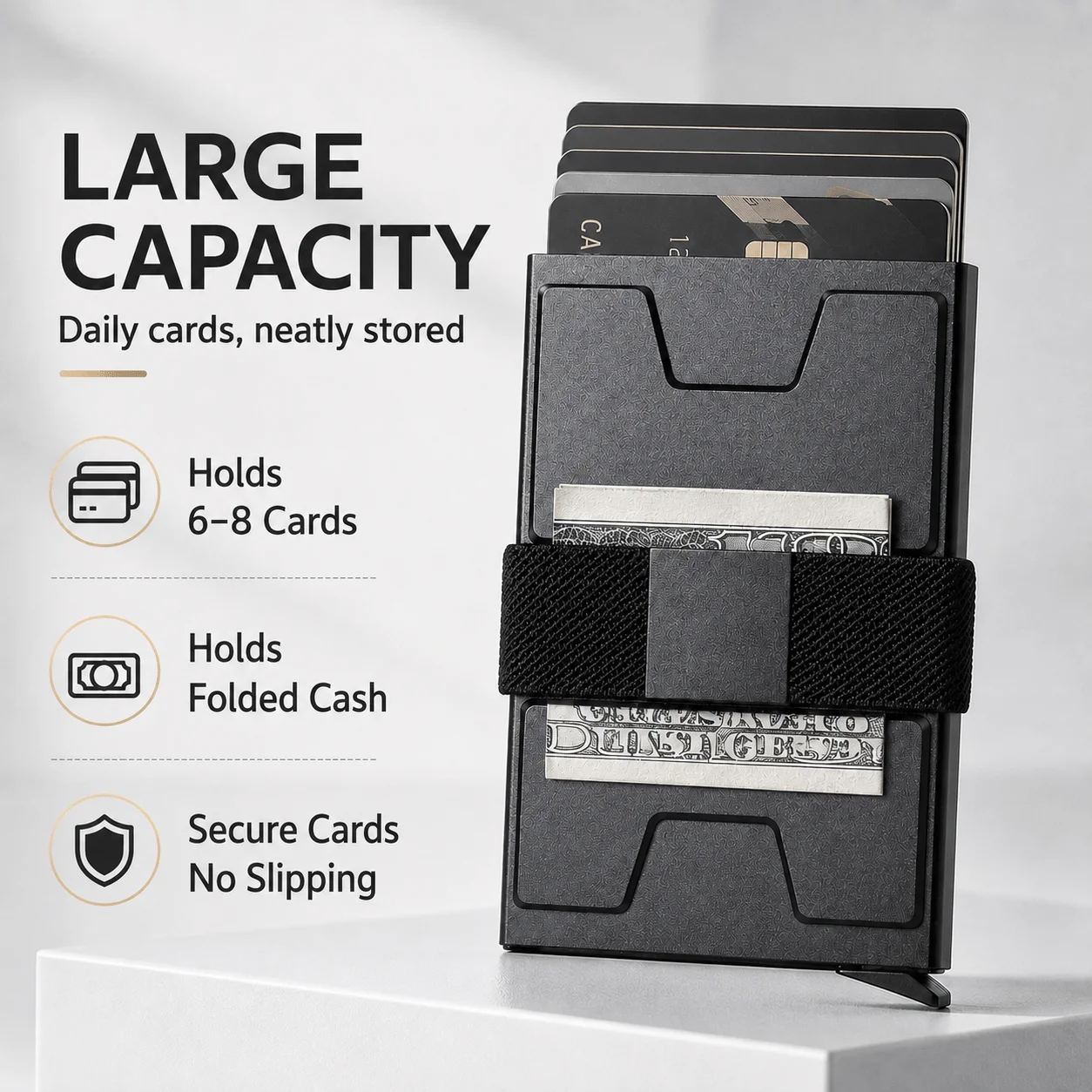 One-Click Pop-Up ID Bank ID Credit Card Holder Case with Elastic Cash Strap, Slim Magnetic RFID Blocking Metal Wallet for Men