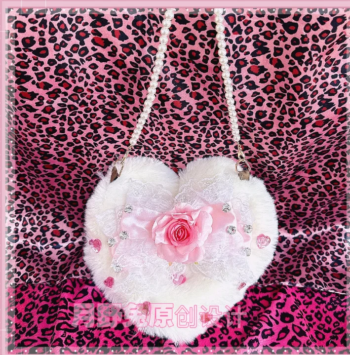 Original Handmade Lolita Bags for Girl Love Ji Gal Plush Pearl Portable Cute Heart Chain Bow Top-Handle Bag Sweet Handbag
