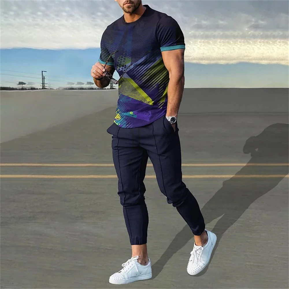 Fashion Colorful Blocks 3D Print Men Sportswear Set Short-Sleeved T Shirt Pants 2-Piece Set Oversized Pullover Men Clothing