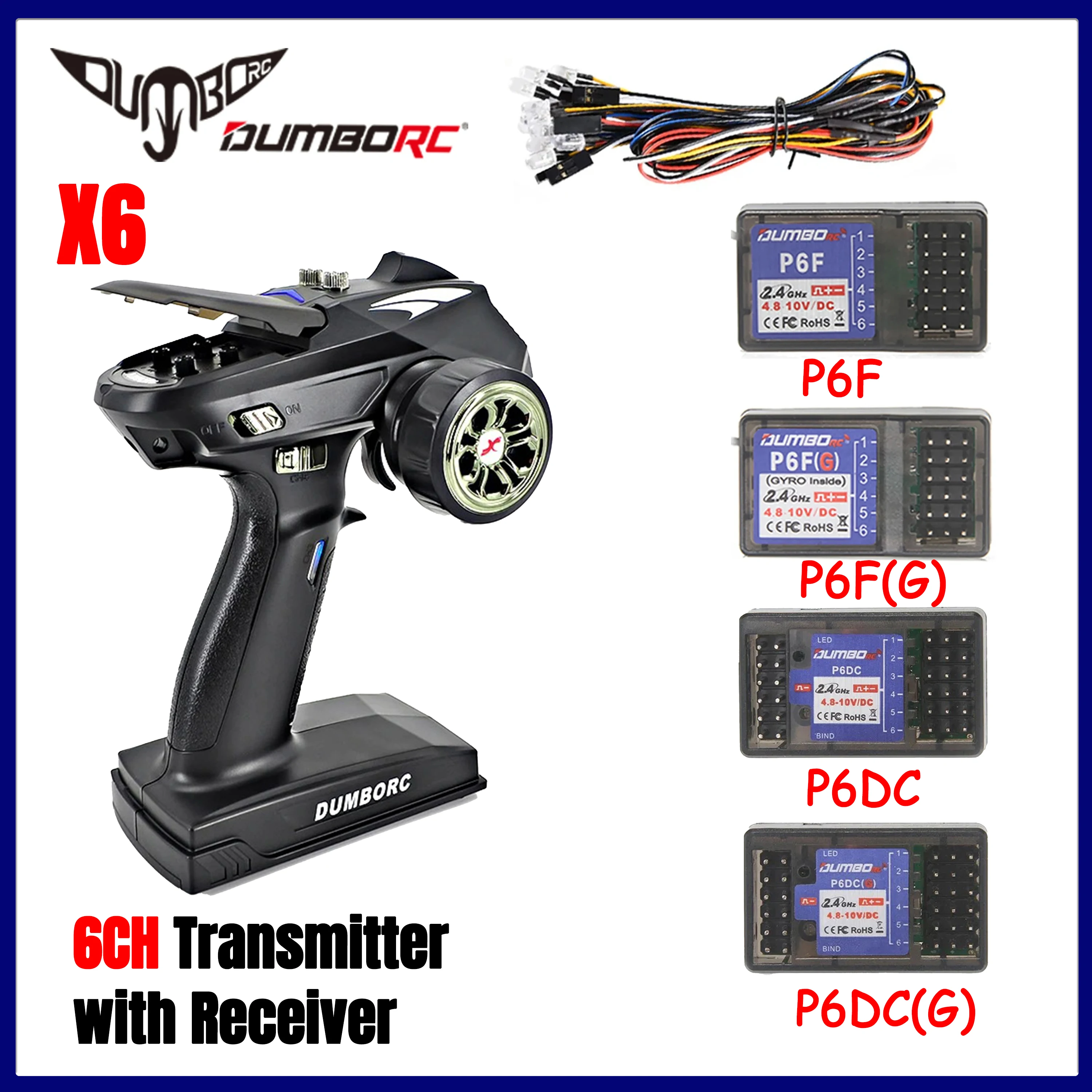 DUMBORC X6 6CH 2.4GHz Transmitter Remote Control with P6F P6FG P6DC P6DCG Gyro Receiver for 1/10 1/8 RC Car Boats Axial SCX10