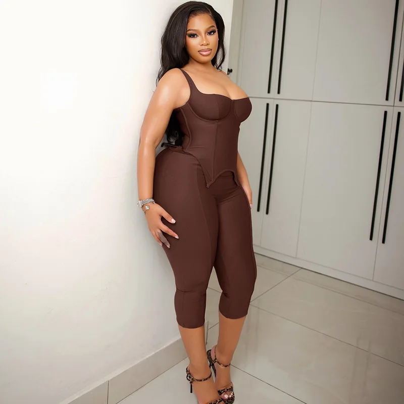 Sommer Y2K Damen Braun Bodycon 2-teiliges Set Ärmelloses Korsett-Top & Knielange Caprihose Gym-Outfits Lässige Streetwear – Detail 7