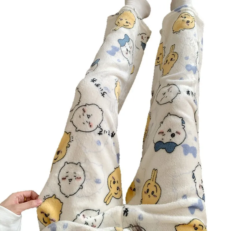 Плюшевые спальные штаны с рисунком Chiikawa для женщин, зимние фланелевые брюки Hachiware в стиле аниме, модные студенческие теплые домашние пижамные штаны