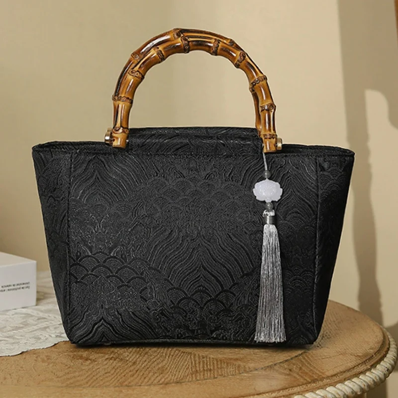 Black embroidered tassel women's bag retro banquet bamboo knot women handbag fashion small square bag