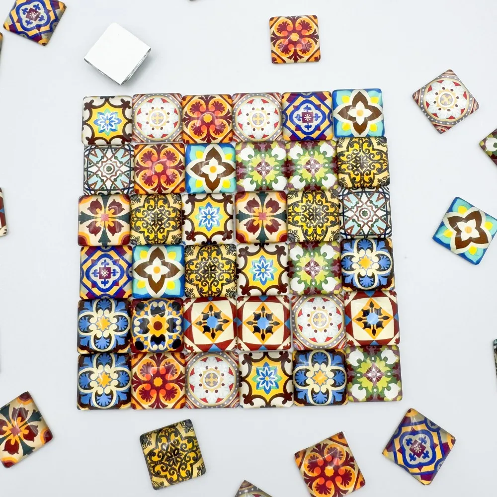 20PCS 1.5CM Bohemian Style Geometry Floral Pattern Square Convex Crystal Glass Mosaic Stones DIY Handmade Creative Decorat