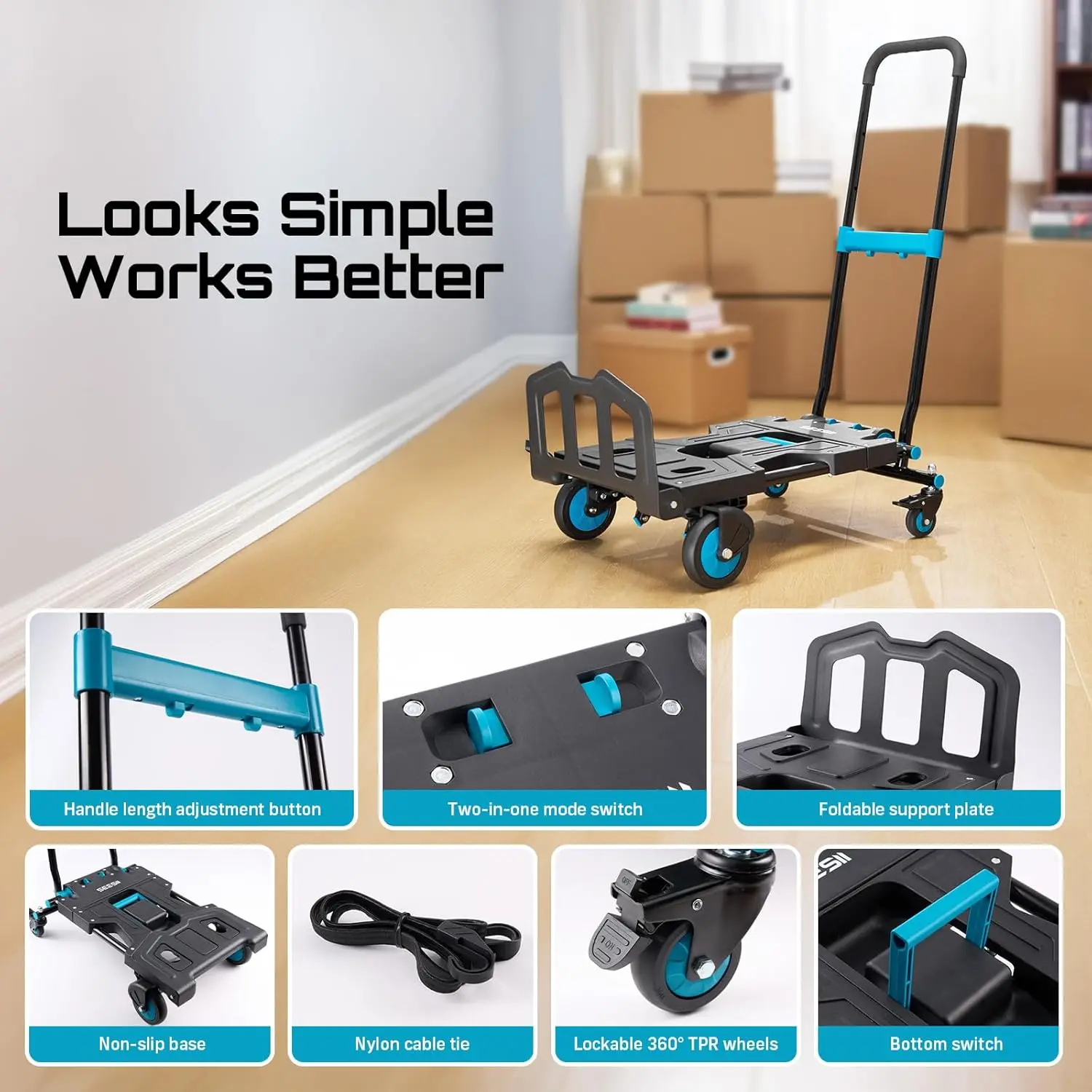 Seesii شاحنة يدوية قابلة للطي دوللي سعة 150 كجم عجلات TPR عربة شديدة التحمل 3 تروس قابلة للسحب لتسليم التسوق