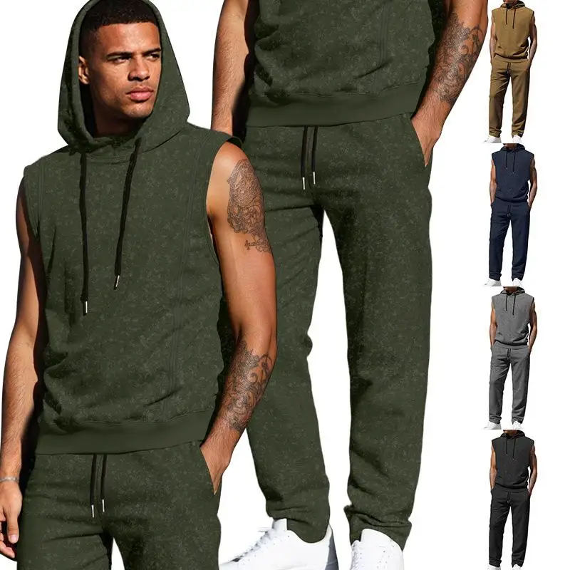 

Vintage Casual Sporty Long Pants Set with Hood Male No Sleeve Sweatshirt Comfortable Breathable Autumn Season Men's Ensemble