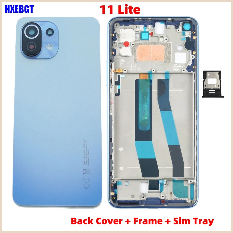 

For Xiaomi 11 Lite, Mi11 Lite 5G NE Back Cover + LCD Front Frame + Volume Button + Camera Glass Lens + Sim Tray Parts