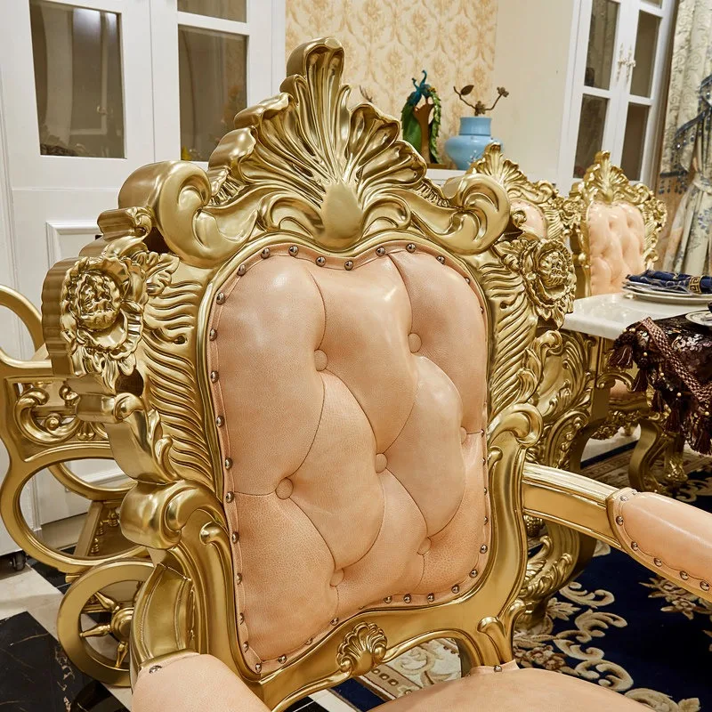 European dining chair high-end luxury aristocratic gold solid wood double-sided carved first layer cowhide leather with armrest