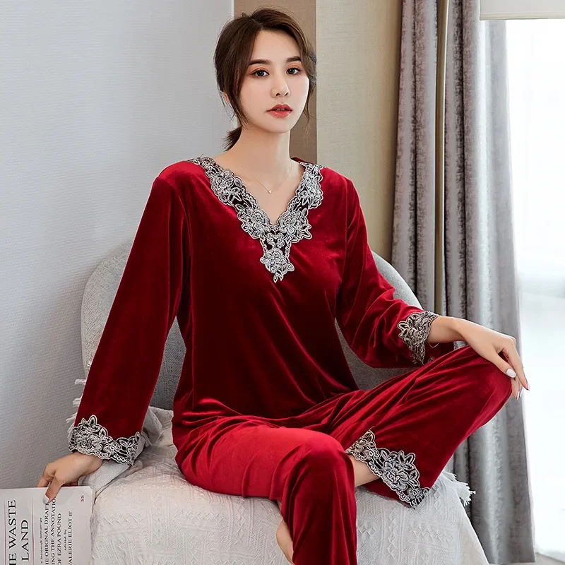 Autumn Winter Women 2PCs pajamas set velvet sleepwear nightwear lace pajamas suit casual shirt & pants bathrobe velour homewear