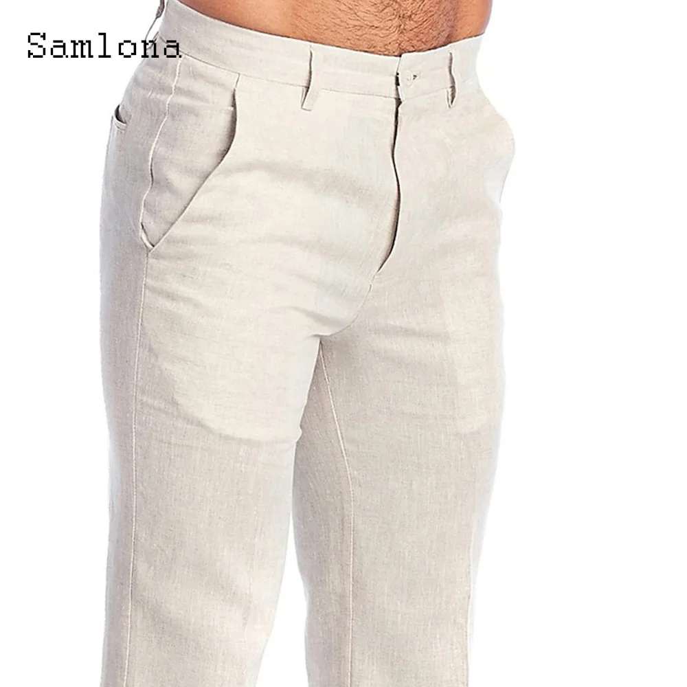 Pantalones de lino informales con bolsillo para hombre, ropa de calle elegante, color blanco y gris, talla grande 3xl, 2023