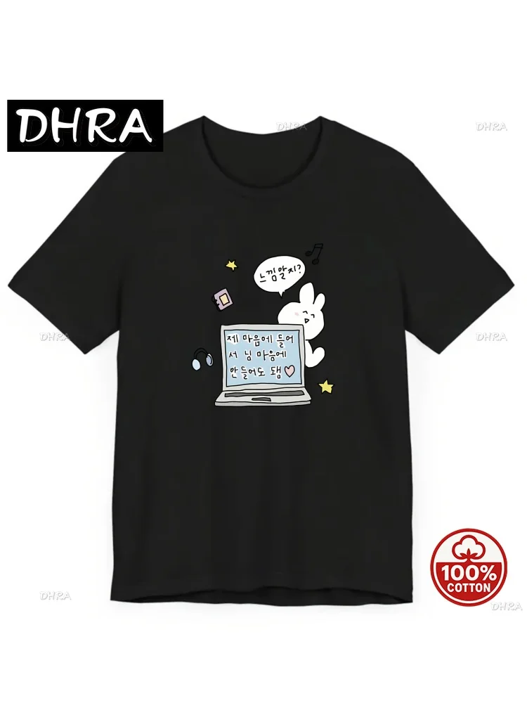 Women's Graphic T-Shirt Cute Laptop Korean Text Bunny Ears Harajuku Sleeve Casual Clothing Street Tops New Aesthetic Clothes