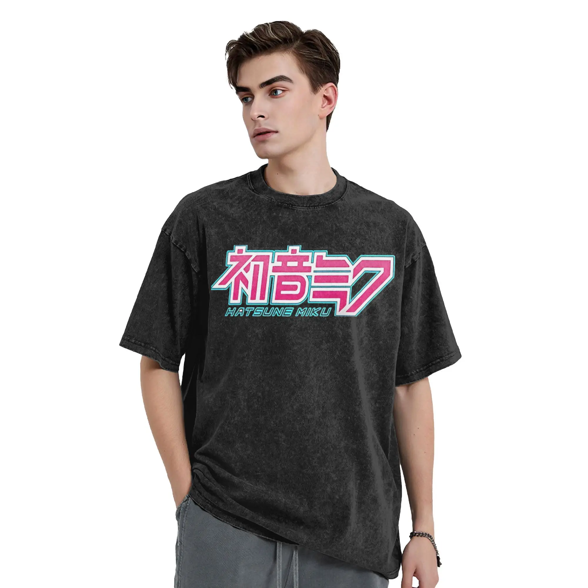 Hatsune miku logo accessoires lavé T-Shirt hommes femmes Streetwear Hip Hop T-Shirt imprimé t-shirts hauts à manches courtes