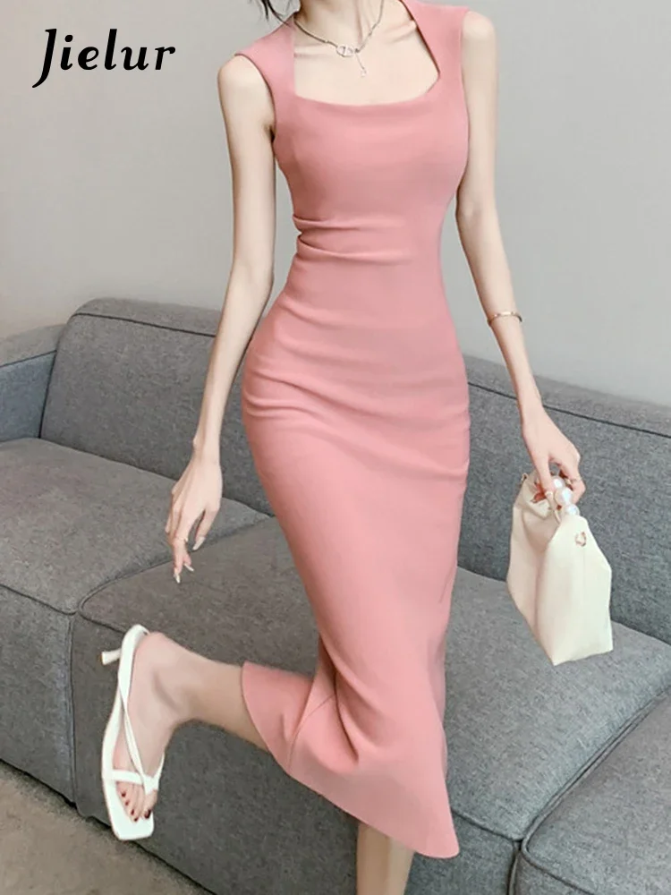 Jielur Summer New Solid Color Slim Women\'s Dress Sweet Sexy Tight Hip Dress Woman Pink Green Black Apricot Sleeveless Dresses