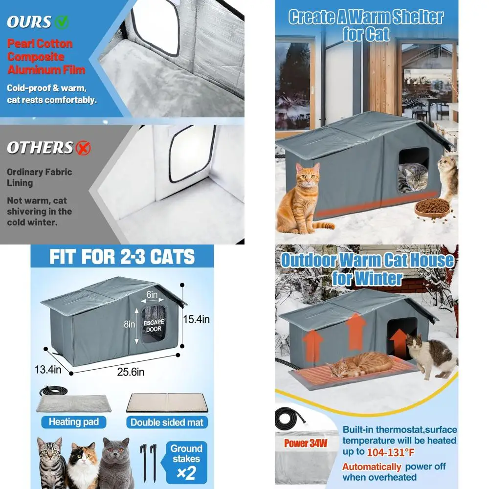 

Outdoor Insulated Cat Shelter with Heating Pad for Winter - Large Warm House for 2-3 Cats