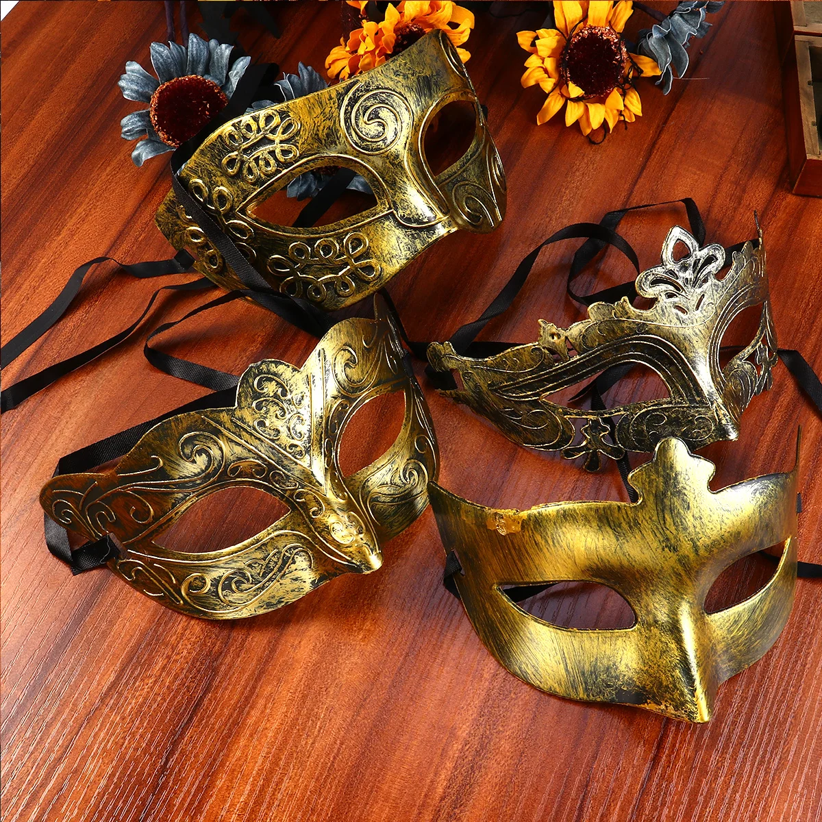 8 pezzi maschera intagliata vintage mezza faccia puntelli per costumi argento dorato festa in maschera maschera vintage per spettacoli di Halloween