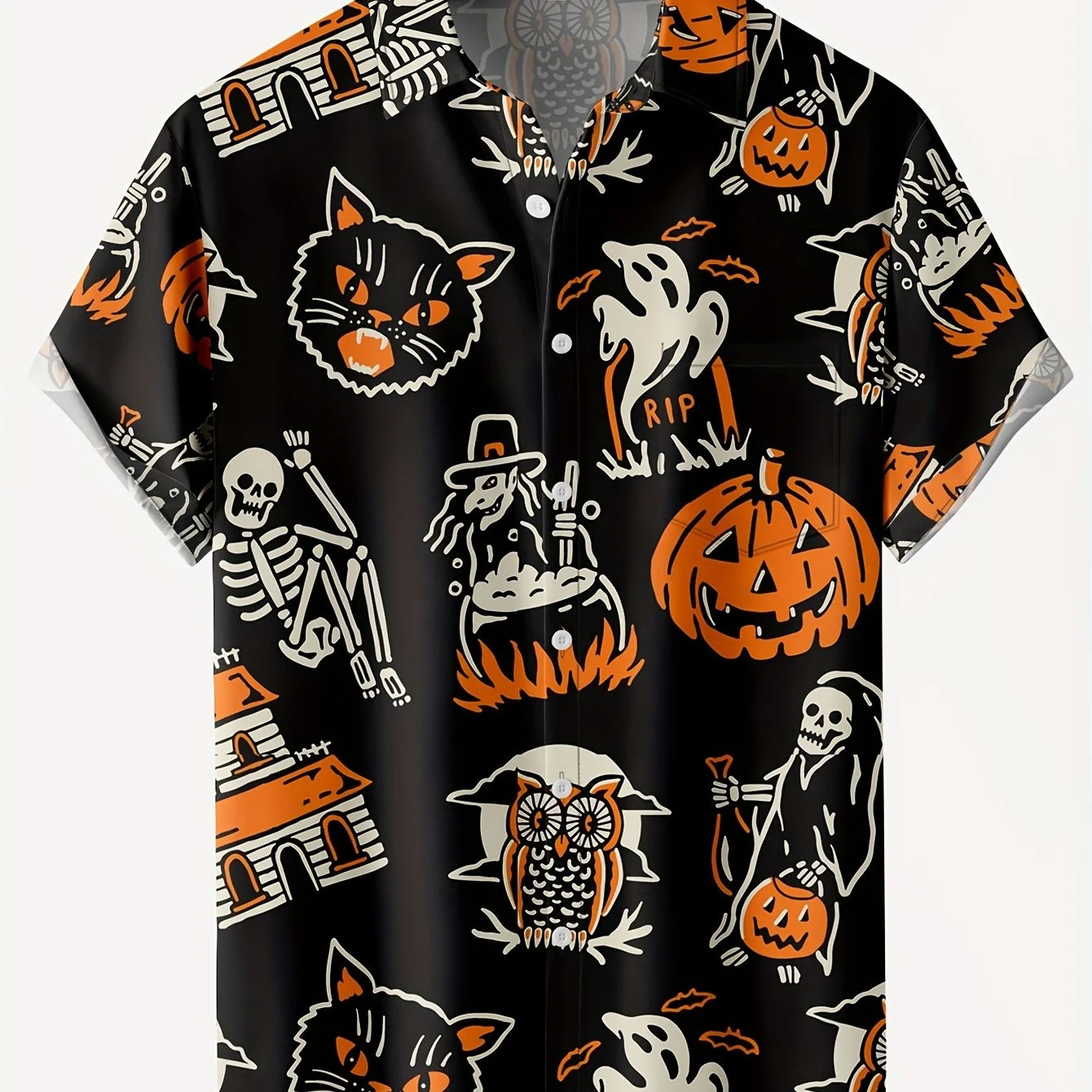 Halloween Skull Pumpkin Print Summer Short-sleeved Stand-up Collar Men's Shirt Urban Street Fashion Short-sleeved Men's Shirt