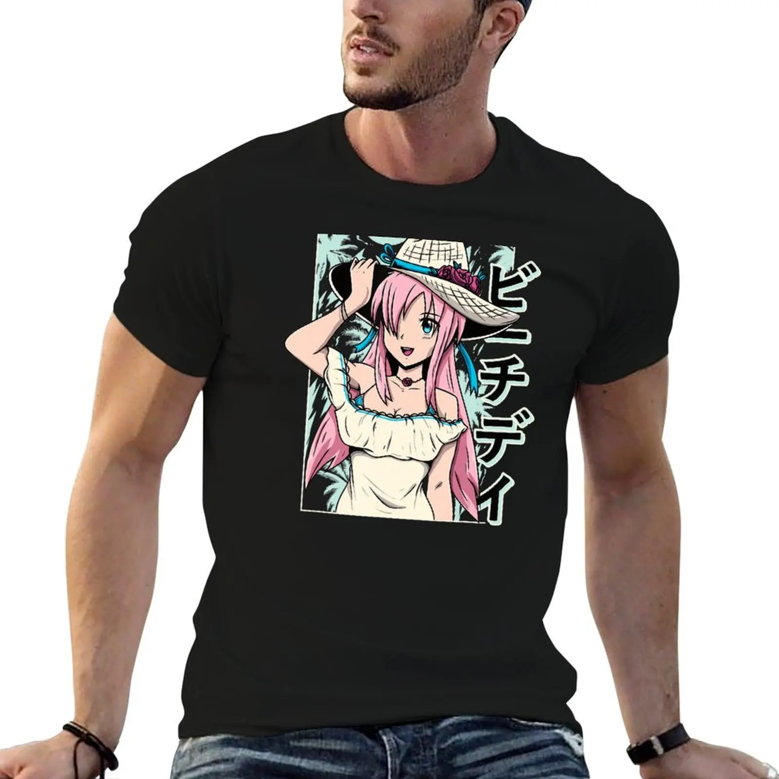 

Aesthetic Vaporwave Day On The Beach Waifu Anime Girl T-Shirt cotton t shirt man T-Shirt