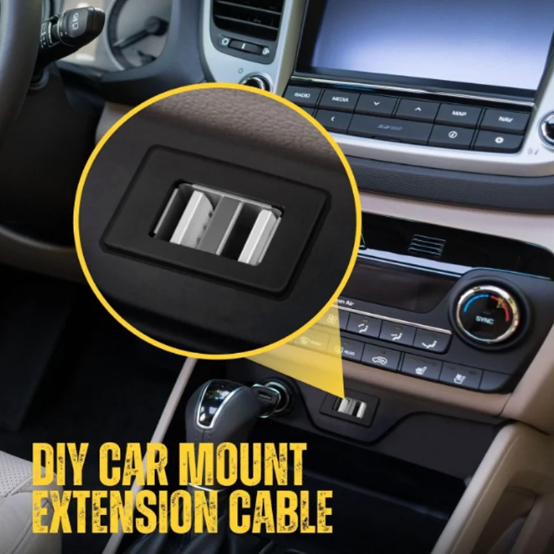 Flush Mount w/Buckle (Square)- Dashboard Panel Dash Mount 2 Ports Dual USB  Extension Wire Cord Water Resistant Male to Female