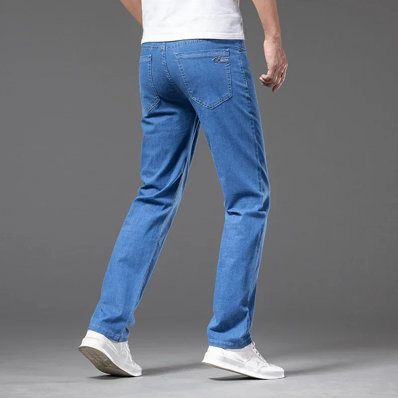 Calça jeans masculina, estilo clássico, casual, stretch, justa, de estilo clássico, masculina, azul claro, preta, tamanho grande, verão, outono