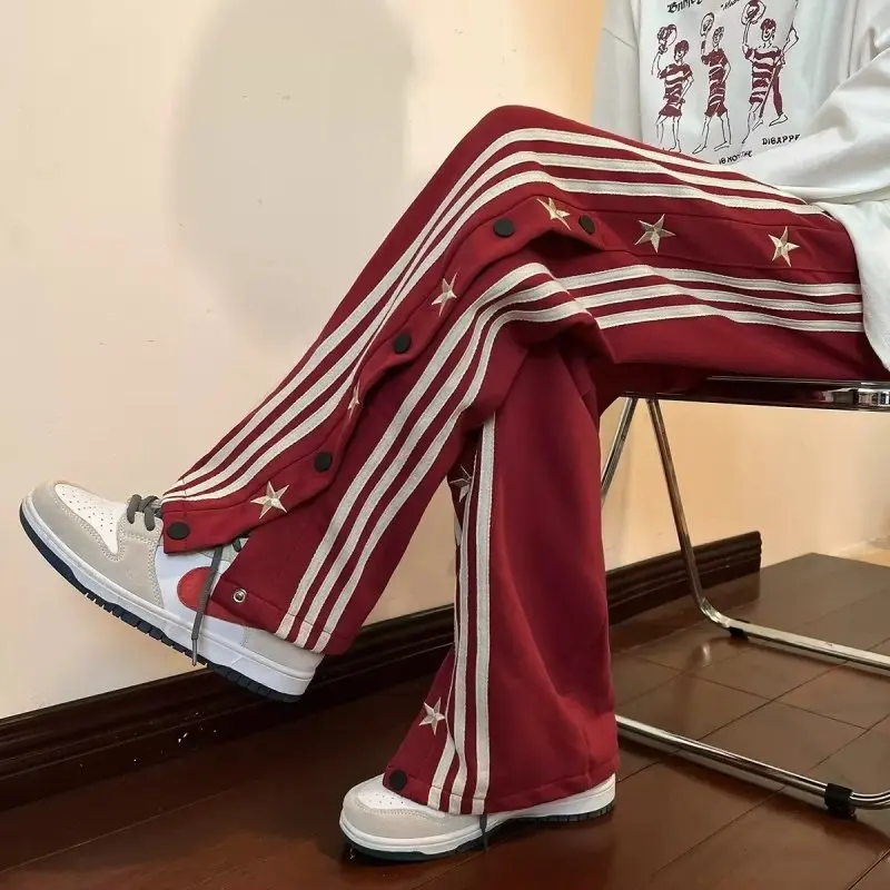 American Style Straight Trousers 2024 Spring Autumn New Men's Elastic Pockets Single-breasted Striped Fashion Casual Loose Pants