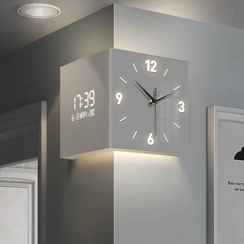 Simple and Stylish Corner Double-sided Wall Clock with Silent Digital Display (Pointer Style) Suitable for Living Room