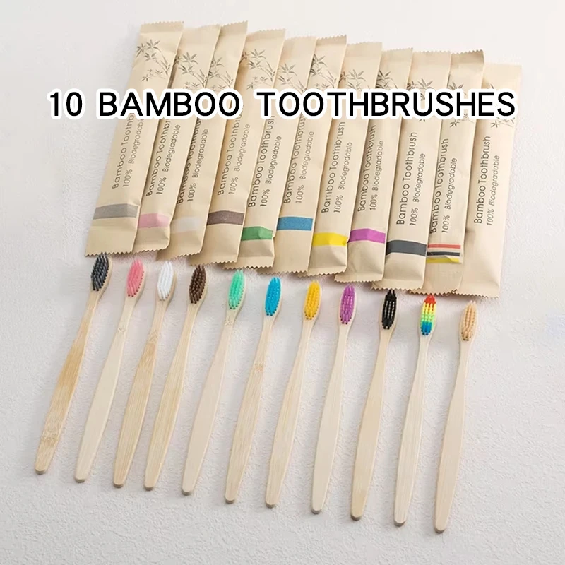 10pcs Single Cowhide Wrapped Color Mixing Bamboo Toothbrush Set Natural and Environmentally Friendly Bamboo Toothbrush
