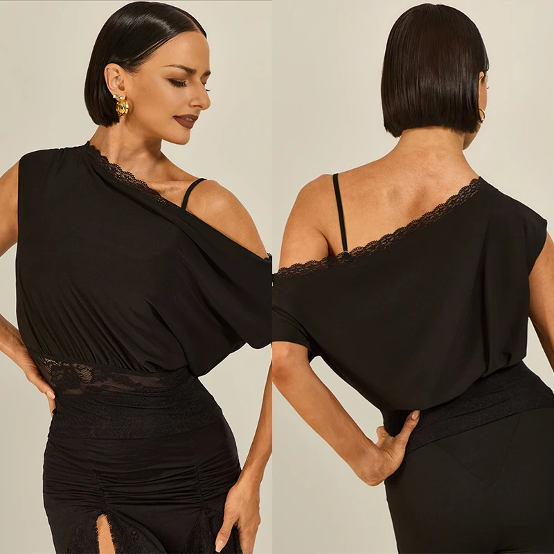 

National Standard Latin Dance Practice Clothes Women Black Lace One Shoulder Tops Adult Loose Rumba Chacha Dance Clothing V27188