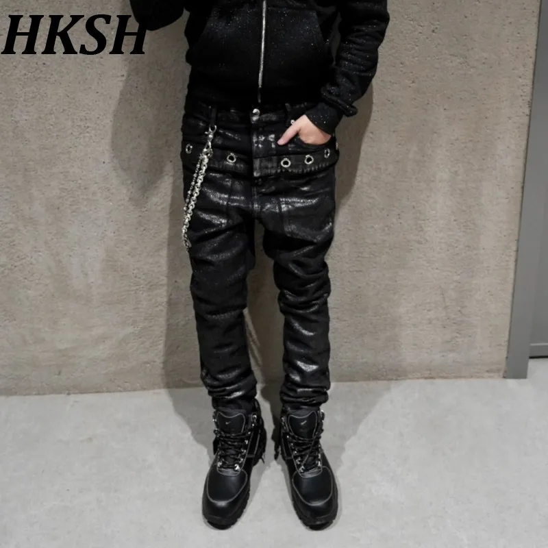 HKSH Autumn Winter New Men Tide Dark Punk Brush Waxed Double Waist Skinny Vintage Jeans Chic Ins Denim Pants Avant-Garde HK17724