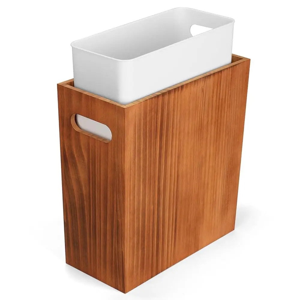 

3 Gallon Wood Trash Can, Solid Wooden Trash Can with Plastic Liner, Handmade Slim Small Trash Can with Handle Fits Narrow Spa
