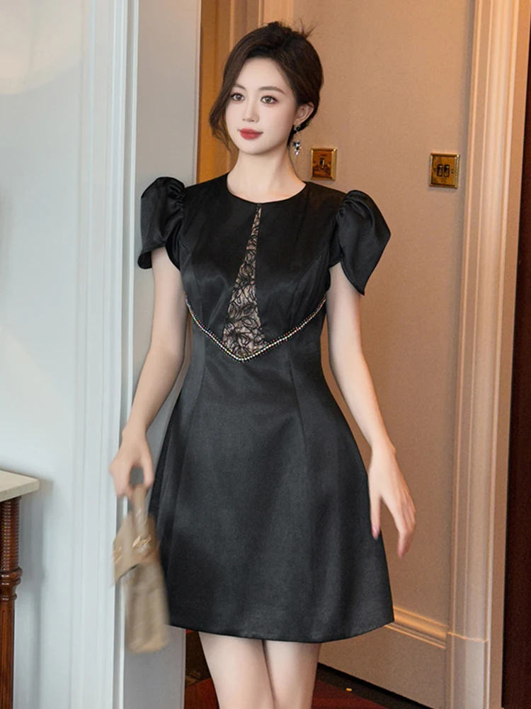Elegant Black Satin Lace O-Neck Gown Evening Dress Women Clothes Puff Sleeve Slim Short A-Line Party  Birthday Vestidos Fiesta