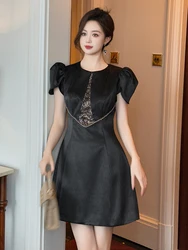 Elegant Black Satin Lace O-Neck Gown Evening Dress Women Clothes Puff Sleeve Slim Short A-Line Party Birthday Vestidos Fiesta