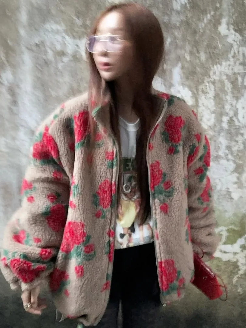 Winter Nieuwe Sle Dames Gedrukt Lamsbont Jaet Losse Warmte Rits Top Koreaanse Faion Polyestervezel ort Jas