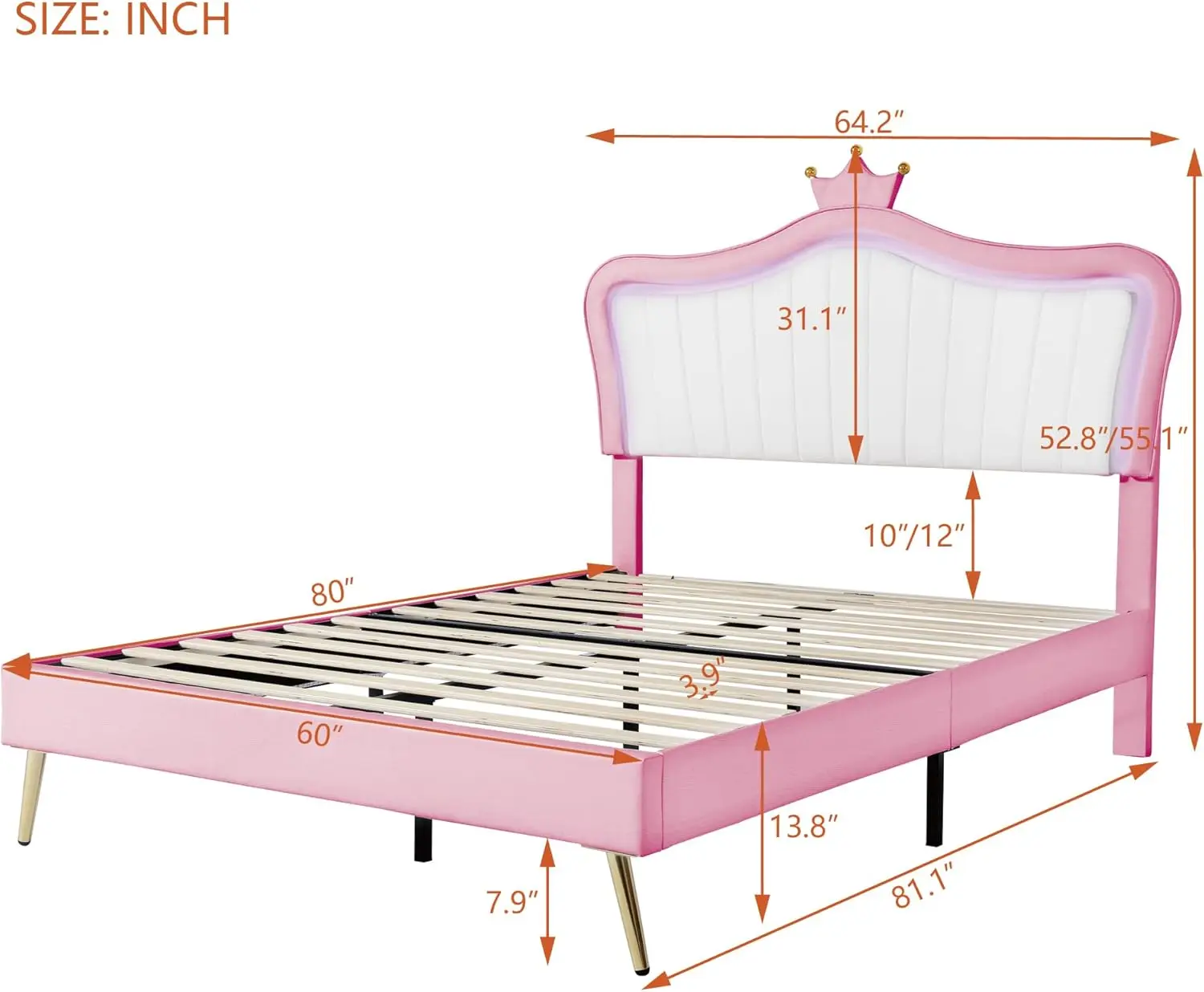 Queen Size Upholstered Bed Frame With Led Lights,Modern Upholstered Princess Bed With Crown Headboard,White+Pink