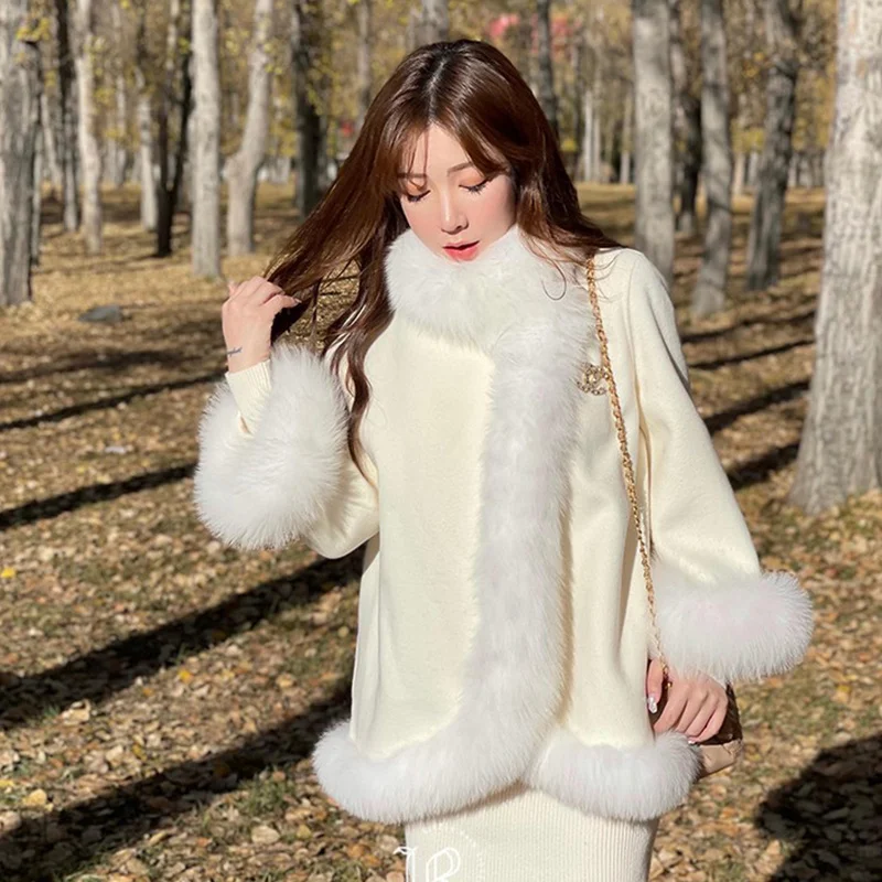 

Coat Real Fox Fur Women's Solid Color Medium and Long Version Fox Fur Panelled Double-Faced Cashmere Cloak Jackets Female poncho