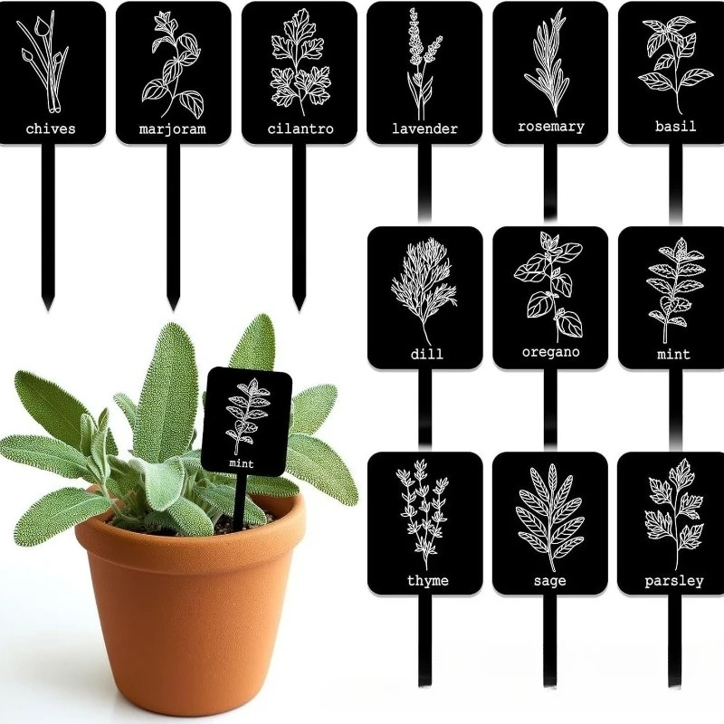 24 Garden Plant Marker Posts Black Waterproof Acrylic Smooth Writing Surface Outdoor Garden Decoration with Herbal Flower Labels