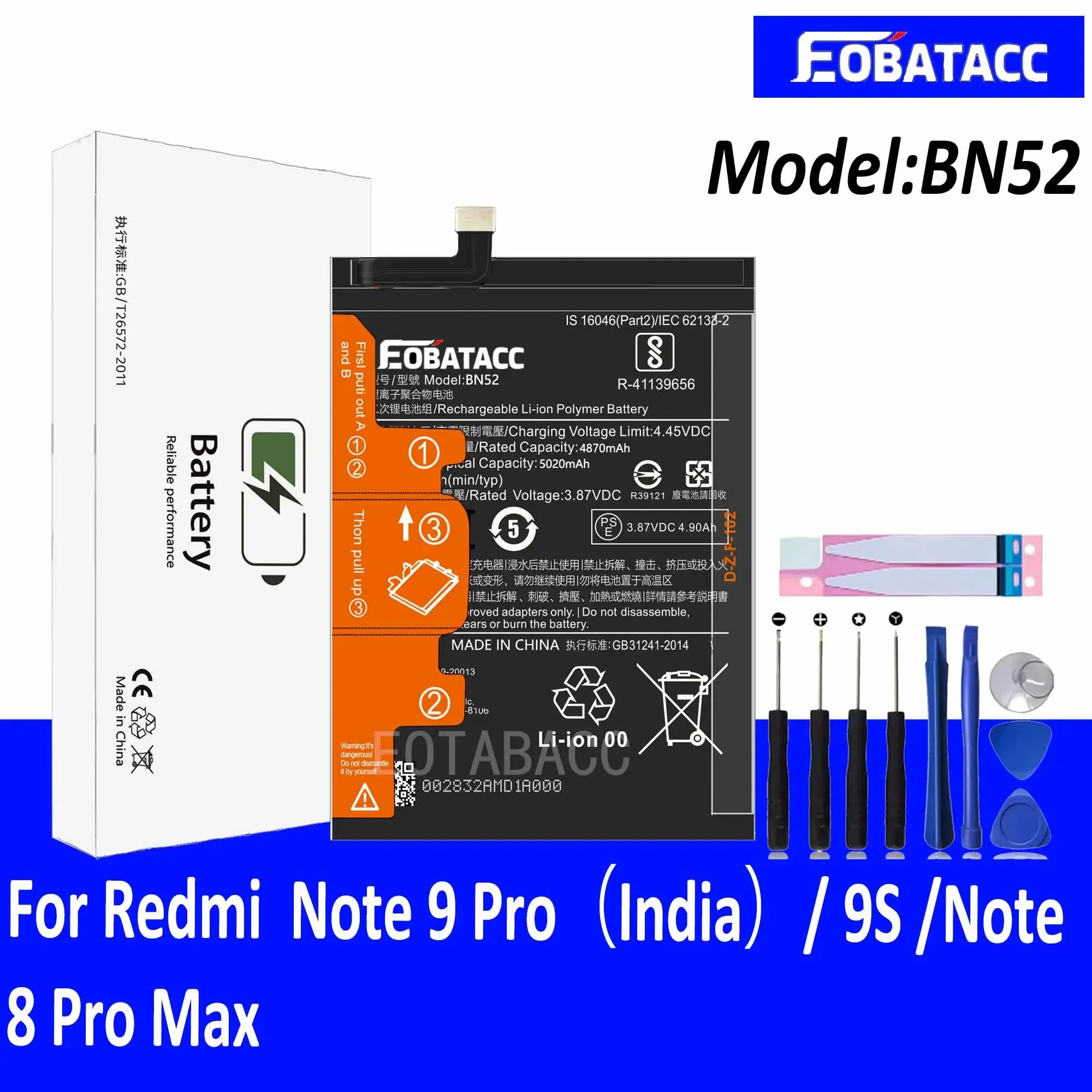 

EOTABACC 100% New Original Battery BN52 For XIAOMI REDMi Note 9 Pro（India）/ 9S /Note 8 Pro Max Battery +Tools